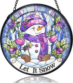 kdqua Christmas Snowman Suncatcher Stained Glass Window Hanging, Let It Snow Winter Snowman Sun Catchers Indoor Window Glass Round Wall Decor, Christmas Wall Art Hanging Decorations Statues, 7.9x7.9in