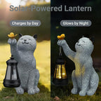 Solar Cat Garden Statue Outdoor Decor, Cat Sculpture with Lantern and Butterfly for Yard Lawn Patio Balcony, Christmas, Birthday Housewarming Gifts for Mom, Grandma, Women, 9.4 inch, Resin