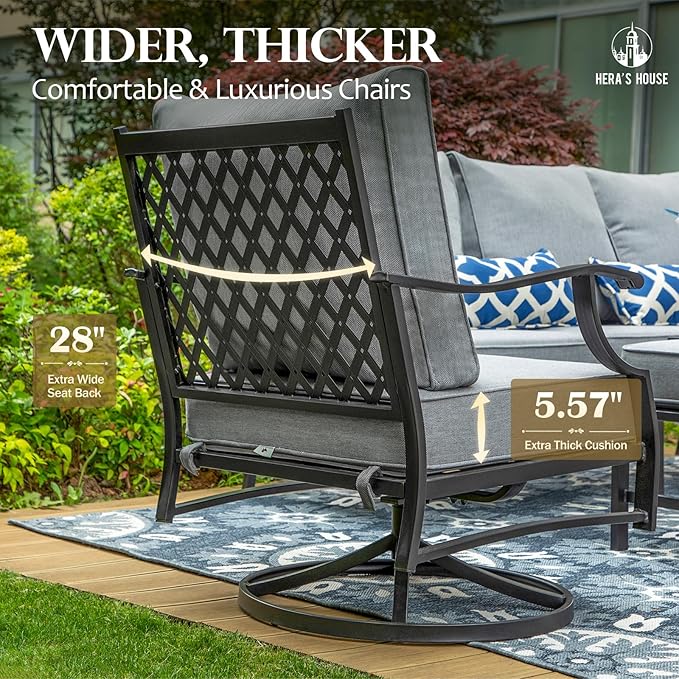HERA'S HOUSE Outdoor Chairs Set of 2, 2 x Patio Chair with Grey Cushions, All Weather Outdoor Furniture for Lawn Garden Backyard Deck(Swivel Chairs)