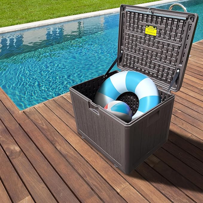 TARKARI Premium Pro Edition 35 Gallon Lockable Resin Deck Box, Waterproof & UV-Resistant Outdoor Storage Box for Outdoor Storage, Garden Tools & Pool Accessories Storage, Brown