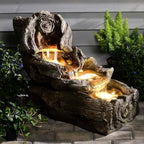 31.5" L Garden Water Fountain Outdoor, Artifical Imitation Wood Outdoor Water Fountain Natural Waterfall with LED Lights for Patio,Porch,Backyard,Home Art Decor（Resin）