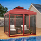 EAGLE PEAK 8x8 Patio Gazebo with Mesh Netting, Double Roof Outdoor Pavilion with Corner Shelves for Lawn, Deck, Garden and Backyard, Red
