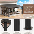 12' x 16' Hardtop Wall Mounted Gazebo, Lean to Gazebo with Galvanized Steel Roof Aluminum Frame Wall Gazebos Pergola with Netting&Curtains for Outdoor, Backyard, Patio
