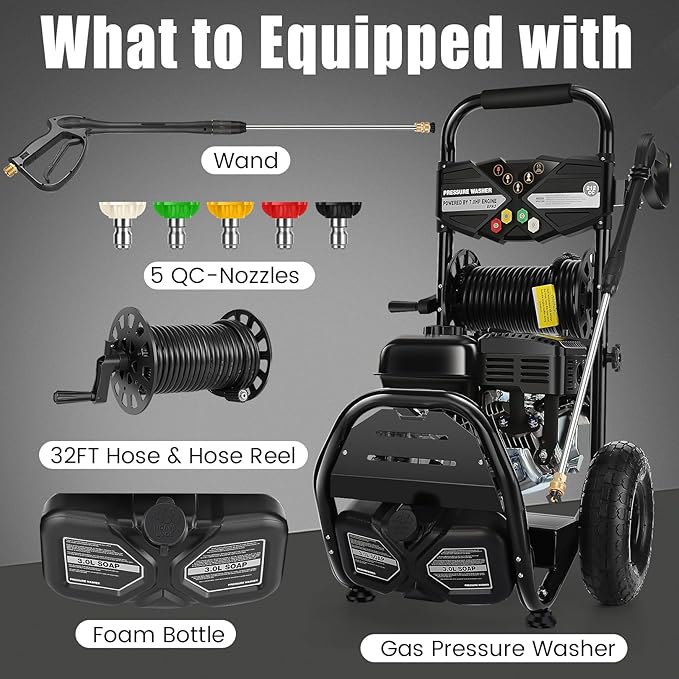 4200PSI Gas Pressure Washer 4.0GPM Gas Power Washer 212CC Gas Powered Washing Machine Commercial High Pressure Washer with 32ft Hose&5 Nozzles for Patio Garden Yard Vehicle (Black with 32ft Hose)