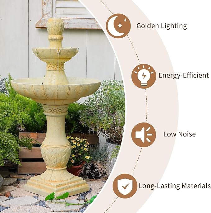 3-Tier Outdoor Water Fountain with LED Lights, 45.5" Italian Resin Garden Fountain for Patio, Yard, and Porch – Weather-Resistant Cascading Waterfall Feature with Quiet Pump, Elegant Backyard Décor