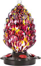 LUJII Pine Cone Shaped Hand Blown Glass Hummingbird Feeder for Outdoors Hanging, Rust Proof & Leak Proof, 25 fl.oz, Unique Gift for Bird Lover, Garden & Backyard Decor, Purple