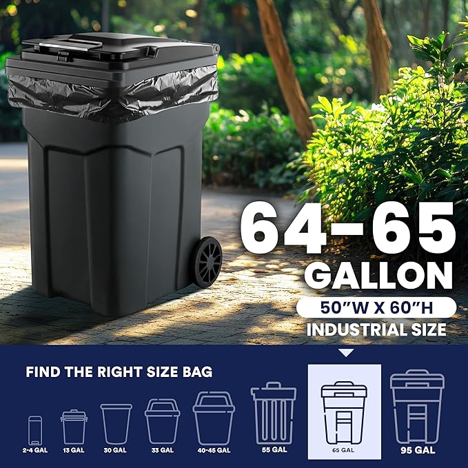 Plasticplace 64-65 Gallon Trash Can Liners for Toter │ 2.0 Mil │ Black Heavy Duty Garbage Bags │ 50” x 60” (50 Count)