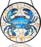 kdqua Coastal Beach Crab Welcome Suncatcher Stained Glass Window Hanging, Ocean Marine Crab Sun Catchers Indoor Window Glass Round Wall Decor, Beachy Wall Art Hanging Decorations Statues, 7.9x7.9in