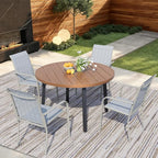 5 Pieces Round Dining Table Set for 4, Patio Dining Set Includes 4 Beige Blue Stackable Patio Chairs and 1 Walnut Round Table, Patio Furniture Sets with Sling Support for Outside, Garden