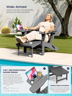 KINGYES Adjustable Folding Adirondack Chair with Footrest & 4-in-1 Multi-Functional Armrest Organizer, HDPE Foldable Reclining Adirondack Chair with Pull-Out Ottoman, Gray