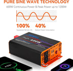 600W Pure Sine Wave Inverter, Car Power Inverter 12V to 110V, DC to AC Converter Generator with AC Outlets 3.0A USB Type-C, Remote Controller Truck Inversor for Vehicles, Car, RV, Camping