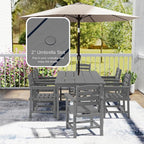 7 Piece Patio Dining Set with 11ft Patio Umbrella (Teal), 7 Gray Outdoor HDPE Dining Set with 6 Chairs + 1 Large Table, for Market, Pool, Garden, Backyard, Deck