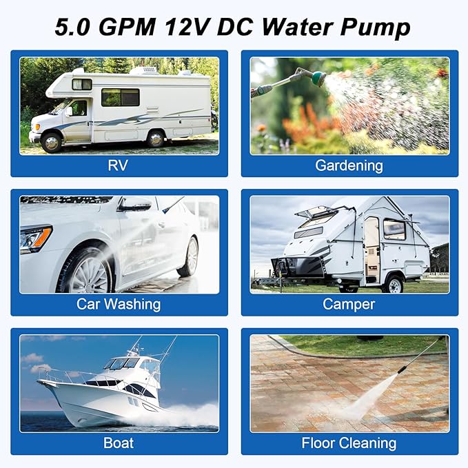 5.0 GPM 12V DC 55 PSI Revolution Water Pump with Pressure Switch Compatible with Camper, RV, Shower, Sprayer