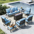 MFSTUDIO 8 Pieces Patio Furniture Sets with 45" Gas Fire Pit Table(Up to 9 Seat),Outdoor Metal Conversation Sofas with 1 x 3-Seat Sofa, 2 Single Chairs,2 Swivel Chairs and 2 Ottoman,Blue Cushion