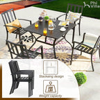 PHI VILLA 5 Piece Outdoor Dining Set with 10ft Umbrella, 37" Square Metal Dining Table & 4 Stacking Metal Chair with 3 Tier Red Umbrella for Patio, Deck, Yard, Porch
