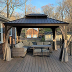 Domi 10' X 12' Hardtop Gazebo Permanent Outdoor Gazebo with Galvanized Steel Double Roof, Aluminum Frame, Curtains and Netting for Patio Lawn and Garden, Brown