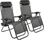 Elevon Zero Gravity Chair Set of 2 with Cup Holder & Removable Pillows, Adjustable Reclining Outdoor Patio Folding Chairs Portable Lounge Chair Furniture for Poolside, Lawn, Beach, Camping, Black