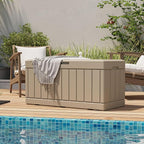 Patiolife 85 Gallon Resin Deck Box, Wood Like Outdoor Storage Box for Garden Tools, Pool Supplies, Waterproof and Lockable, Light Brown