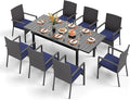 PHI VILLA 9 Piece Large Outdoor Dining Table Set for 8, Expandable Rectangular Steel Dining Table & Cushioned Rattan Wicker Chairs, Dining Furniture Set for Patio, Deck, Yard