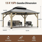 13'x15' Wood Gazebo,Outdoor Hardtop Gazebo with Galvanized Steel Doule Roof, Wooden Frame Gazebos for Patio Backyard Deck