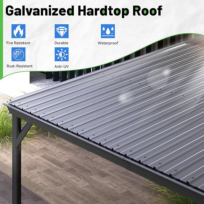 10x14FT Lean to Gazebo, Outdoor Hardtop Wall Mount Gazebo with Gutter & Sloping Galvanized Steel Roof, Metal Hard Top Awnings for Deck, Porch, Backyard