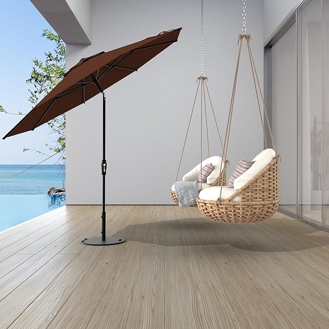 Midtown Umbrellas The Swilt 10 Feet Patio Umbrella in Sunbrella Bay Brown Acrylic Fabric - Fiberglass Ribs, Auto-Tilt Aluminum Frame For Backyard, Deck, Garden, Pool - White Pole