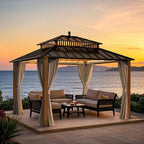 SUNJOY Kingston 12' x 10' Hardtop Gazebo with Galvanized Steel Double Roof, Curtain and Netting, Woodgrain Finish Aluminum Posts Permanent Pavilion Gazebo for Garden, Patio, Deck, Lawn