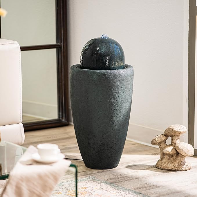 XBrand 25.98" H Dark Green Round Stone Indoor/Outdoor Modern Sphere Water Fountain w/LED Lights – Ball Bubbling Fountain Décor for Garden, Patio, or Tabletop