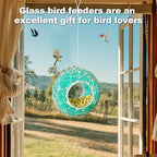 Mosaic Bird Feeder, Outside Hanging with Round Shape Glass BirdFeeders to Attract More Wild Birds, Mosaic Fly Through for Garden, Yard, Backyard, Deck and Porch Decor, Blue 7-Inch