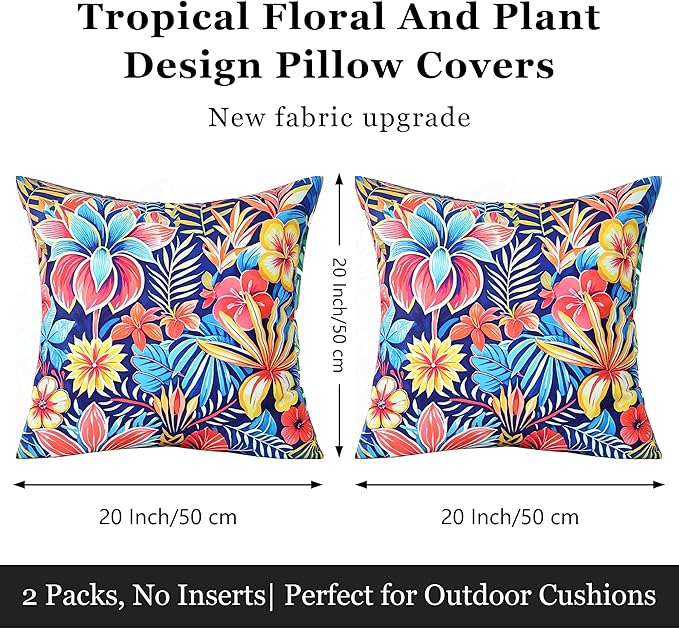 Outdoor Pillow Covers 18x18 Inch Set of 2 Tropical Floral Plants Boho Throw Pillows Cases Waterproof Square Garden Cushion Sham for Patio Funiture Tent Balcony Bench Sofa Couch, Blue