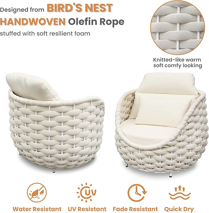Patio Accent Chairs Set of 6: Aluminum Porch Lounge Chair with Arms - Woven Rope Cushioned Armchair - Modern One Seater Sofa - Outdoor Deck Furniture for 400lbs Balcony Yard Garden Hotel, Beige