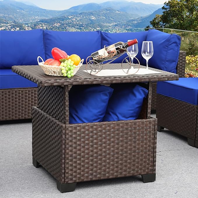 Outdoor Table with Storage Outside Patio Table Wicker Convertible Coffee Table All-Weather Rattan Coffee Table, Brown