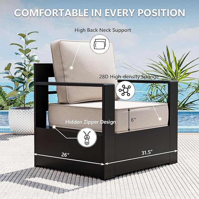 Outdoor Patio Furniture Set, 5-Piece Aluminum Patio Conversation Set All-Weather Metal Outdoor Sectional with 6 Inch Thick Cushions, Deep Setting for Garden, Outside and Porch