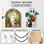2 Cute Halloween Suncatcher Decorations, Spooky Cute Ghost Plant Window Hangings, Ghost with Black Cat Greenhouse, Pumpkin Ornaments Home Garden, Gifts for Plant Lovers, Women