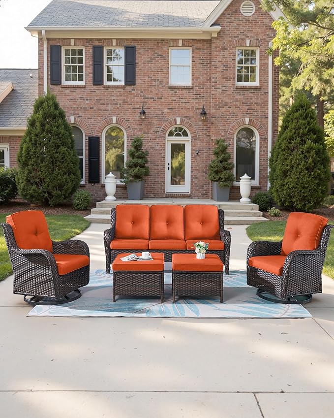 Pop 22x25/22x24 Outdoor Furniture Cushions Set of 6 - Comfortable Patio Chair Cushion for Rattan Wicker Dining Rocking Swivel Chairs Loveseat Couch L-Shape Sectional Sofa - Orange/Button