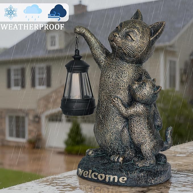 Cat Garden Decor Outdoor Statue - Cute Cats Figurine Ornaments with Solar Lights,Garden Waterproof Sculptures for Yard Lawn Backyard Patio Balcony Home Decorations,Unique Gift for Mom & Cat Lovers