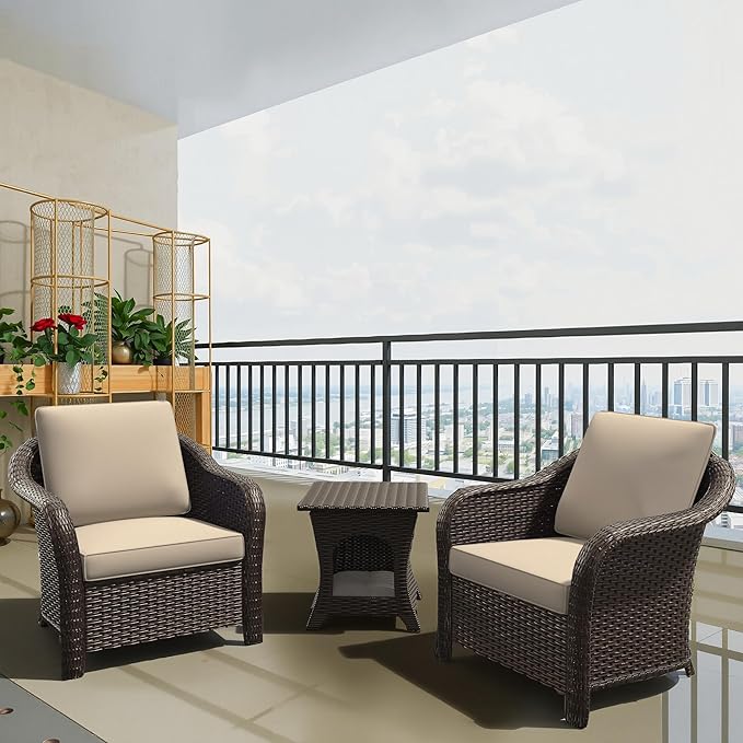 Vista Vibe Outdoor Rattan Chairs Set of 2 with Coffee Table, All-Weather Patio Conversation Furniture Set with Washable Cushions &Hand-Woven PE Rattan, Garden, Bistro, Deck, Yard (Beige)