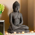 John Timberland Sitting Buddha Statue Sculpture Zen Asian Japanese Garden Decor Outdoor Front Porch Patio Yard Outside Home Balcony House Exterior Weathered Light Sandstone Finish 29 1/2" Tall