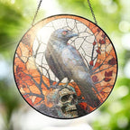 FLAGWIX Halloween Decorations Indoor - Stained Glass Window Hanging 8 in - Gothic Raven Skull Sun Catcher, Crow Halloween Decor, Black Crows Sun Catchers Indoor Window, Fall Decorations for Home