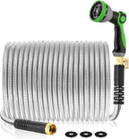 Metal Garden Hose 200Ft Stainless Steel Water Hose Heavy Duty with 10 Way Nozzle-Flexible Lightweight Durable No Kink & Tangle，Strong 3/4’’ Solid Metal Fitting Shut-Off Valve for Outdoor Yard