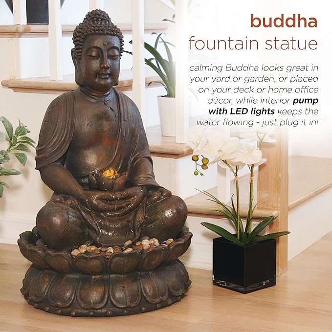 Alpine Corporation GEM122 Outdoor Floor Meditating Soothing Buddha Statue Waterfall Fountain for Garden, 33", Bronze