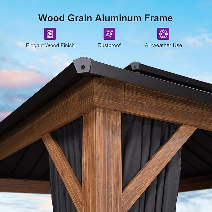 PURPLE LEAF 10' X 14' Hardtop Gazebo Outdoor Wood Grain Aluminum Frame Galvanized Steel Double Roof Gazebos with String Lights for Patio Deck Backyard Garden