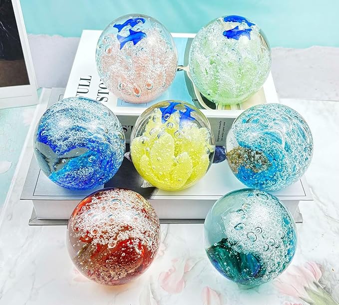 Decorative Crystal Ball Figurines Coral Fish Paperweight Blown Glass Decor Sea Art Ocean Lovers Gift Yellow 3.15"