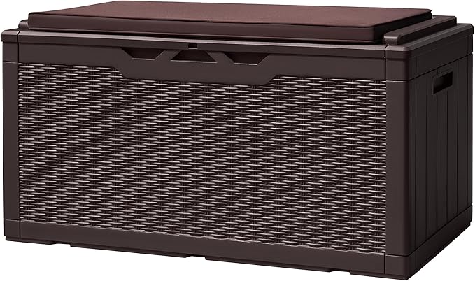 Devoko 100 Gallon Deck Box, Waterproof Resin Outdoor Storage Box with Cushion for Outside and Patio, Large Outdoor Storage Bench Cabinet Lockable for Patio Furniture and Garden Tools (Deep Brown)