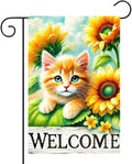 Spring Garden Flag 12x18 Inches Double Sided Cute Cat Welcome Yard Flags Sunflower Summer Seasonal Flower for Outside Decor Home Farmhouse Holiday Decorations