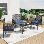 4-Piece Patio Furniture Set, Weather-Resistant Rattan Patio Conversation Set with Two-Tier Coffee Table, Upholstered Openwork Wicker Furniture for Porch, Garden, Lawn, Blue