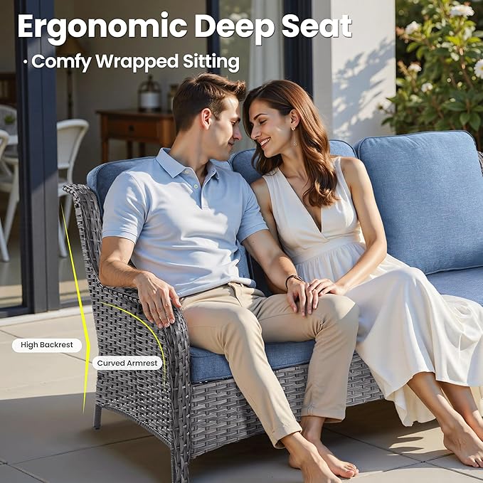 ovios 10 Pieces Patio Furniture Set, Outdoor Wicker Sofa Couch with Swivel Chairs 54" Fire Pit Table, High Back All Weather Modern Conversation Sets, Grey Rattan, Denim Blue