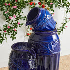 Glitzhome 35.5" H Oversized Outdoor Water Fountain with LED Lights and Pump, 4 Tier Cobalt Blue Embossed Pattern Ceramic Pots Cascading Floor Standing Fountain for Porch Deck Garden Patio Backyard