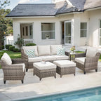 Patio Furniture Set, 6 Pieces Outdoor Wicker Rattan Sofa Couch with Rattan Chair, Side Table, Ottomans and Comfy Cushions, All Weather Patio Conversation Sets, Suit for Porch Deck Garden