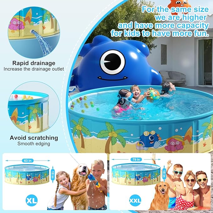 Foldable Swimming Pool for Kids 79"x18" Hard Plastic Portable Dog Pool Anti-Slip Collapsible Pets Bathtub Kiddie Pool Indoor Outdoor Backyard (JellieMons 79'')